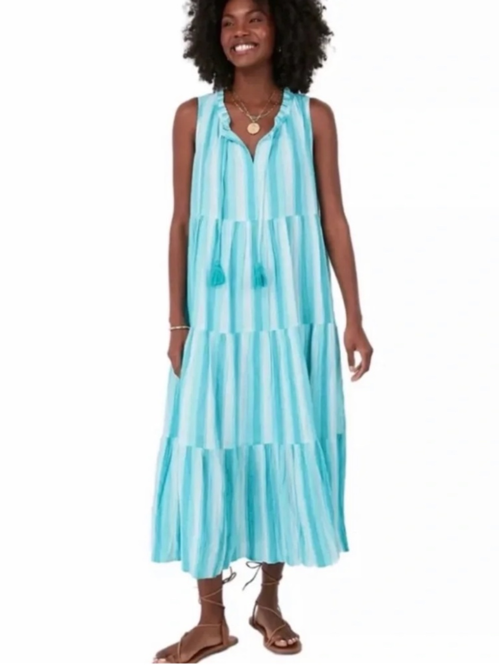 Tuckernuck Aquamarine White Salty Paloma sleeveless Tiered Dress Size Small